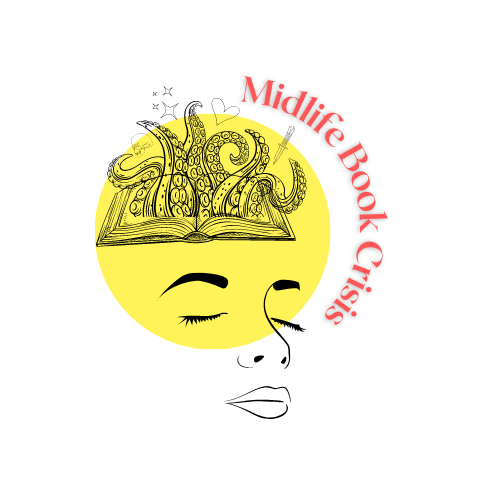 Midlife Book Crisis logo featuring a line-art illustration of a woman's face juxtaposed with an open book, a crown, and tentacles inside a yellow circle.